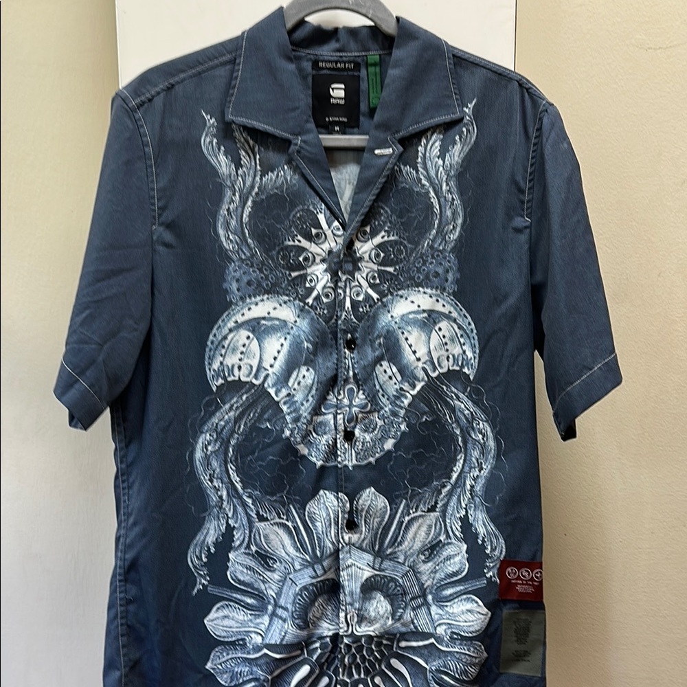 Raw lightweight denim Button Down Shirt with Intricate Design medium